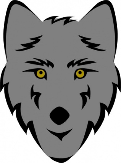 Stylized gray wolf face with yellow eyes and bold black outlines, vector illustration.