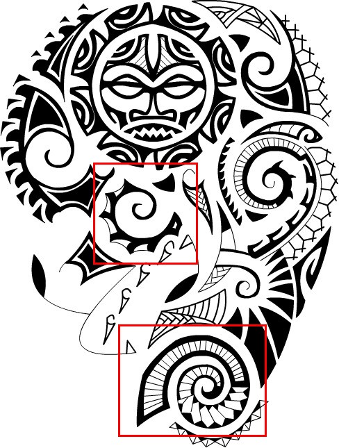 Image Details ISS_9788_02811 - polynesian tattoo indigenous primitive art .  vector black monochrome ink hand drawn native polynesian folk art symbols  Tiki, Ipu, Tapa flower, Enata, spear heads, Kautupa, fern, birds net,