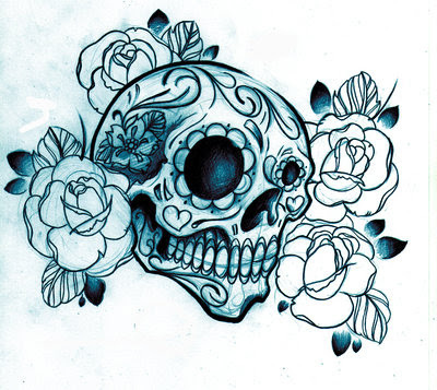 Sugar Skull Tattoo Design with Roses - Blue Ink Artwork