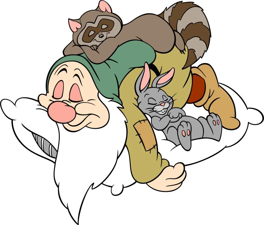 Happy Dwarf Sleeping with Raccoon and Bunny - Whimsical Cartoon Illustration