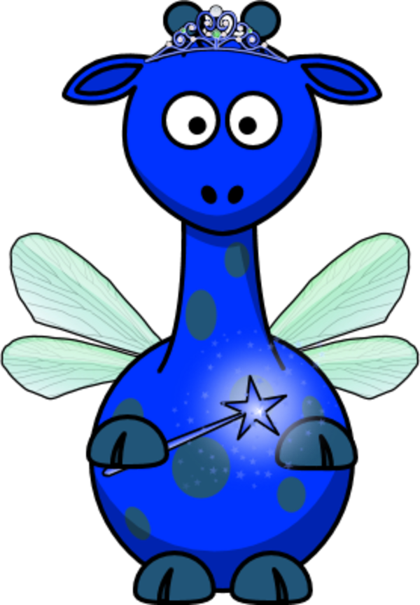 A whimsical blue giraffe with fairy wings, a tiara, and a magic wand, glowing with stars on its belly.