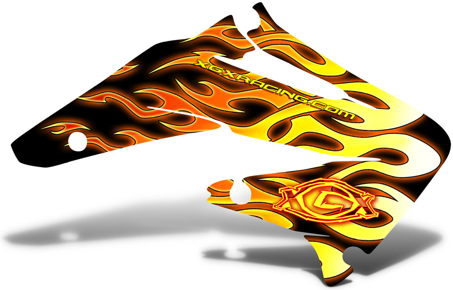 Flame-patterned motorcycle graphics kit with "XGXRACING.COM" branding and logo, designed for custom bike customization.
