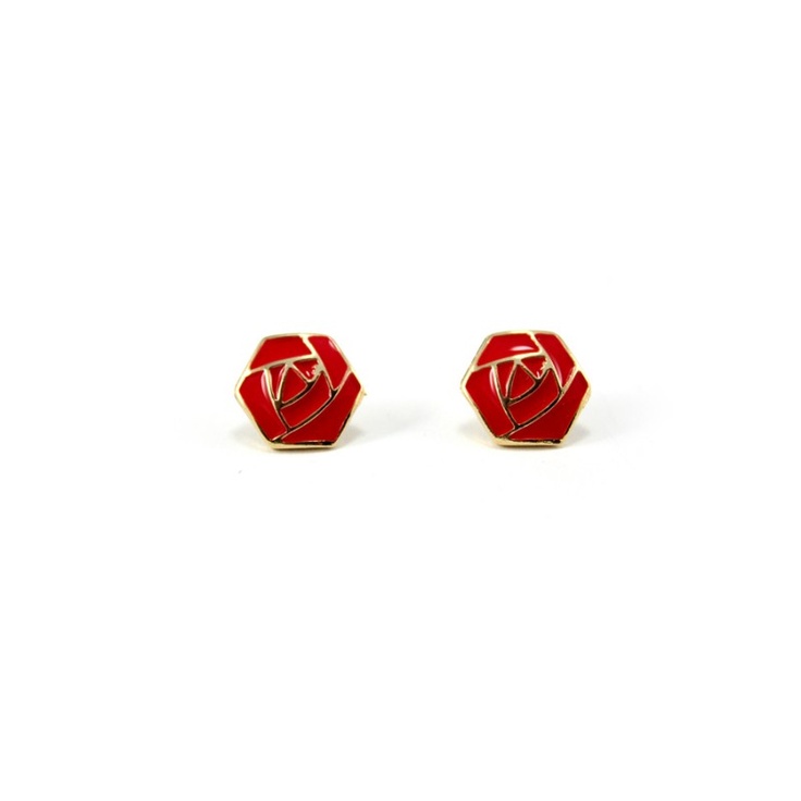Red Rose Enamel Stud Earrings - Gold-Tone Hexagonal Design