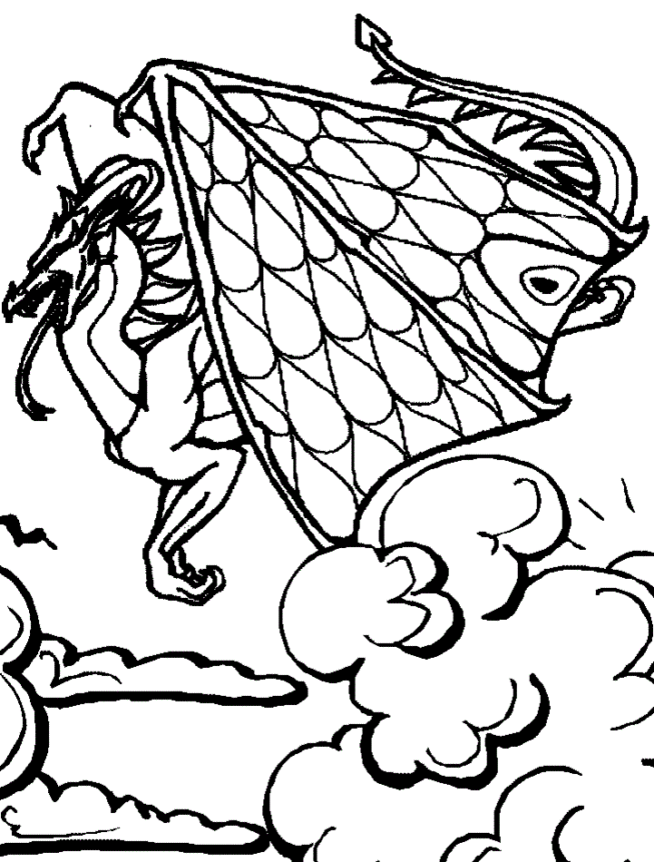 A dynamic black-and-white line drawing of a mythical Chinese dragon soaring through stylized clouds with large scaled wings and fierce expression.
