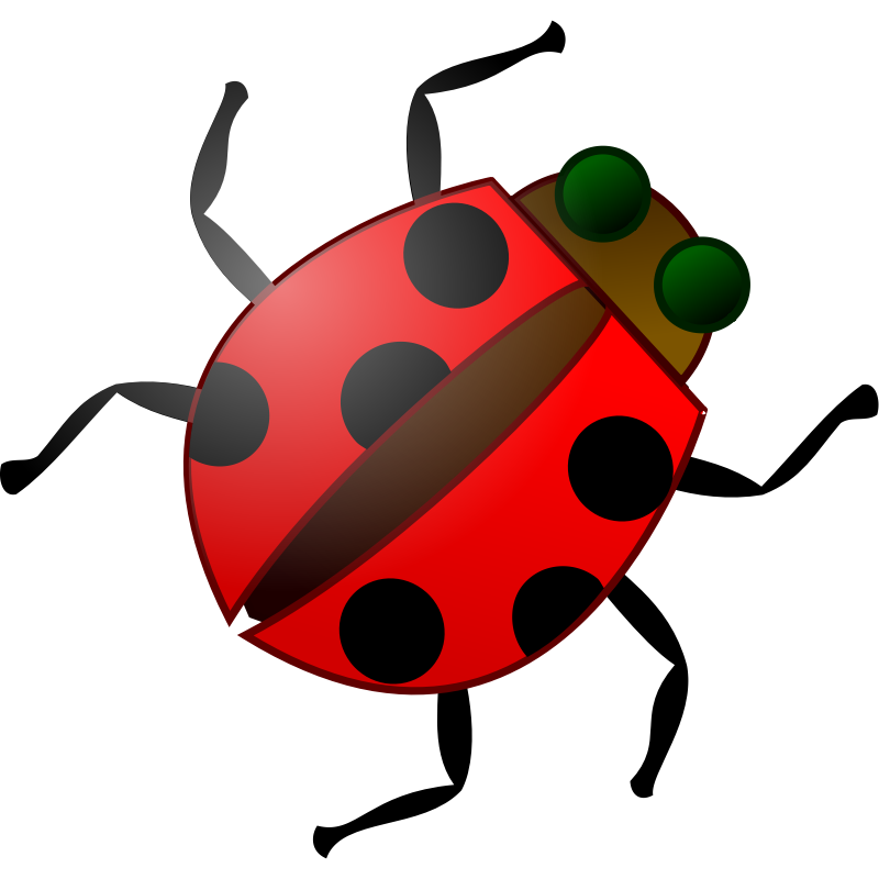 Bright red ladybug with black spots, green eyes, and antennae on a transparent background.