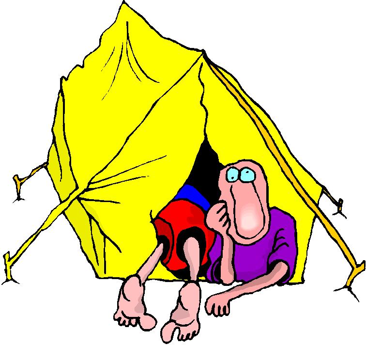 Funny Camping Cartoon - Man Surprised in Yellow Tent