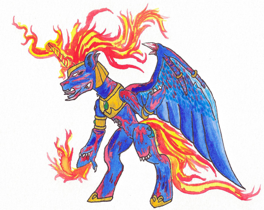 A blue mythical creature with wings, a horn, and fiery mane and tail, wearing golden armor and roaring fiercely.