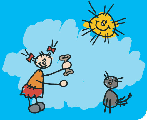 A cheerful child with pigtails plays with a cat under a smiling sun and fluffy cloud in a bright blue sky.