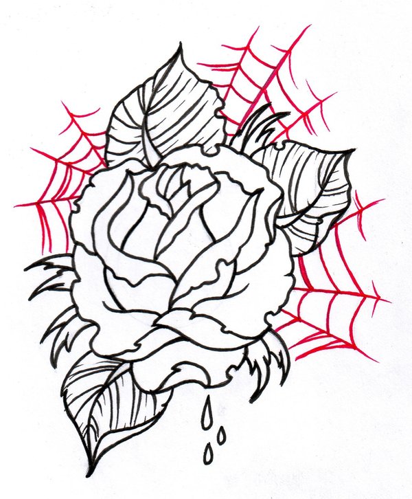 Outline Rose And Spider Web Tattoo Design