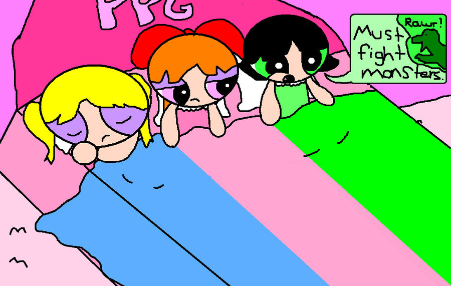 Three Powerpuff Girls in bed-Bubbles sleeping, Blossom annoyed, Buttercup alert with a monster-fighting comic speech bubble.