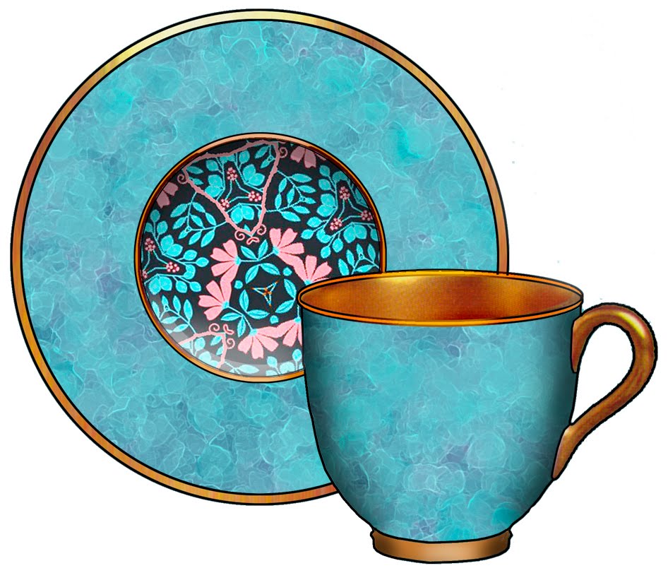 Turquoise ceramic teacup and saucer with gold trim and floral enamel inlay design.