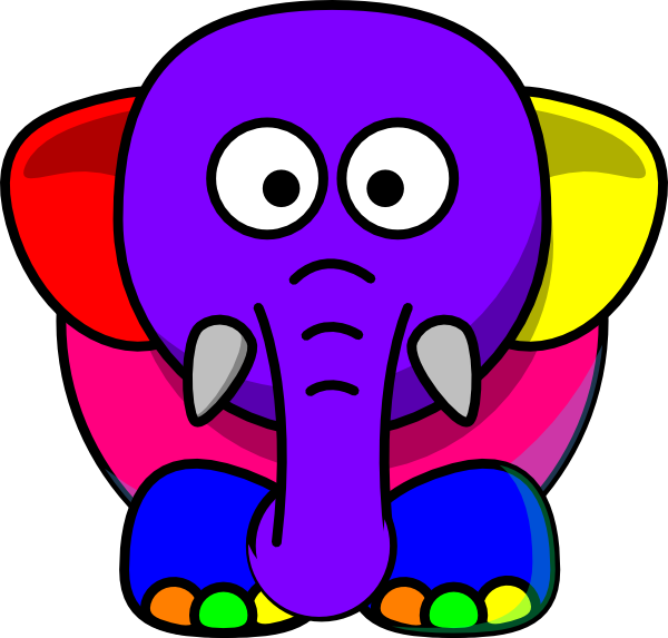 Colorful cartoon elephant with purple head, red and yellow ears, pink body, blue legs, and multicolored toes, looking sad.