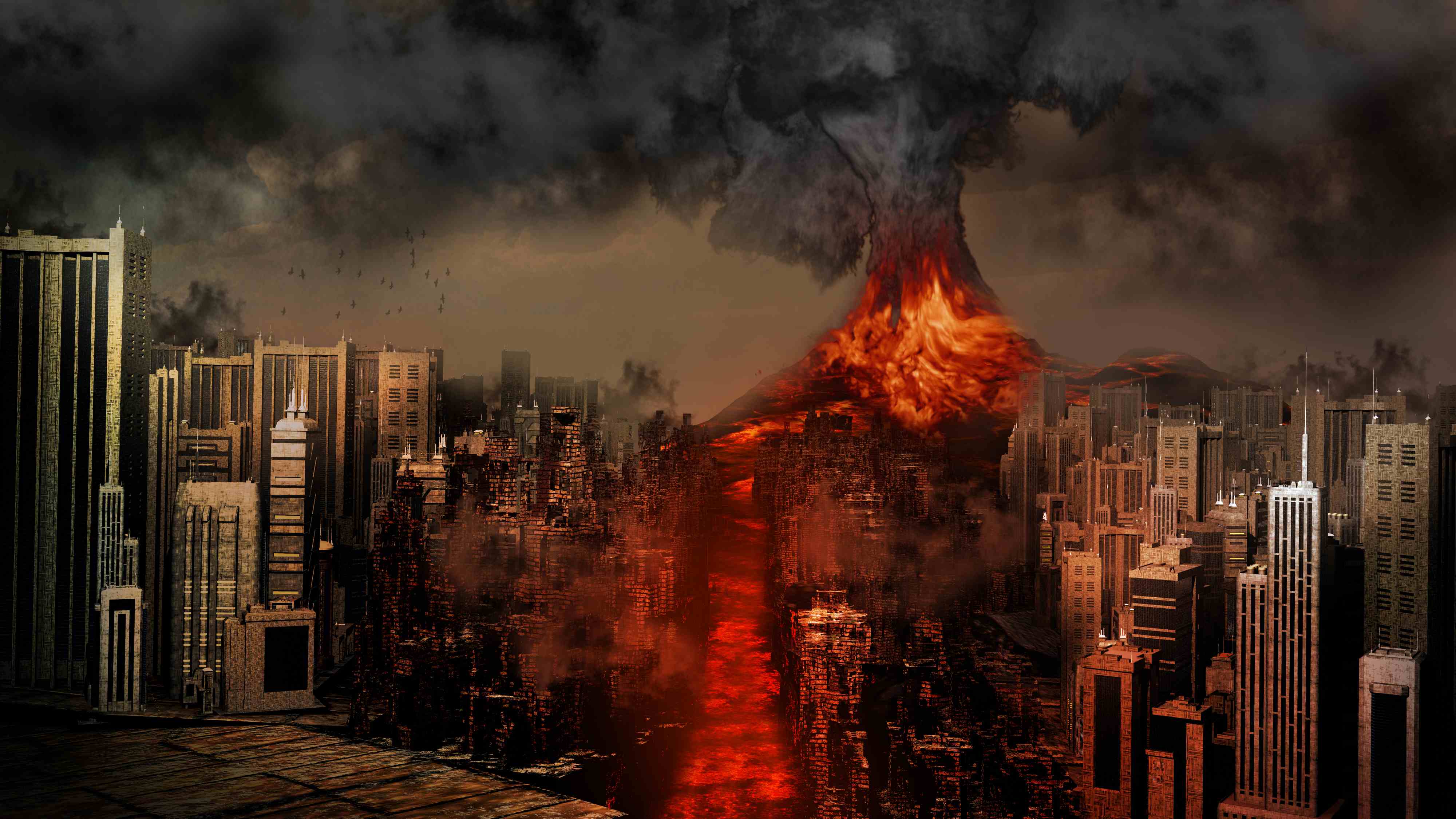 Разрушенный город днем. Извержение вулкана конец света. Разрушенный город. Разрушенный мир. Фон апокалипсис.