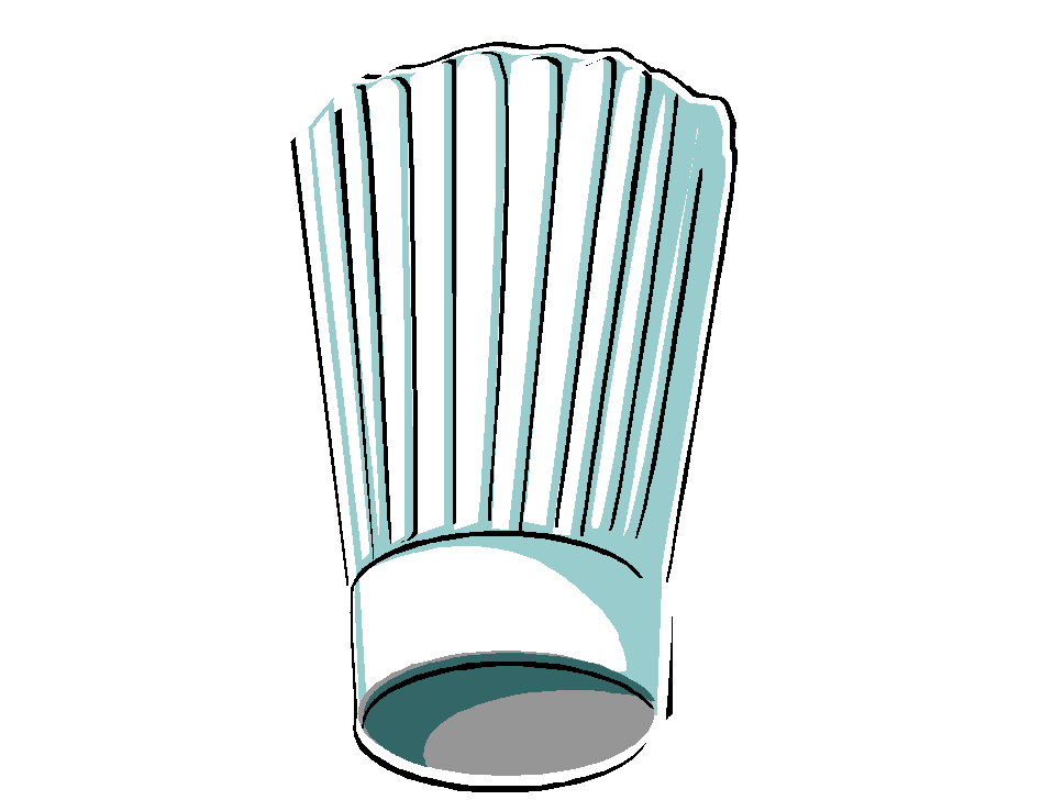 Illustrated light blue chef's hat with pleated design and white band, isolated on white background.