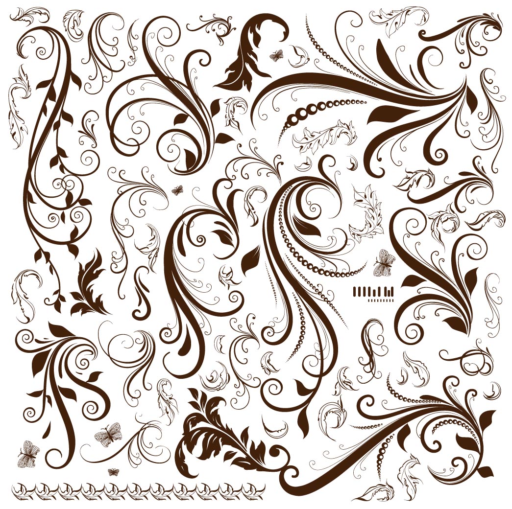Elegant brown and white floral swirls, vines, leaves, and butterflies in ornate decorative vector pattern.