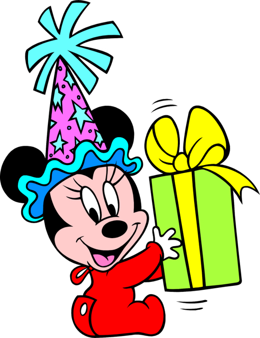 Minnie Mouse in a colorful party hat smiling while holding a green gift box with a yellow bow.