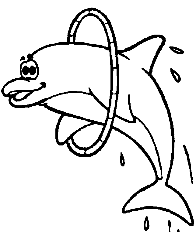 Cheerful cartoon dolphin leaping through a hoop with water splashes around.