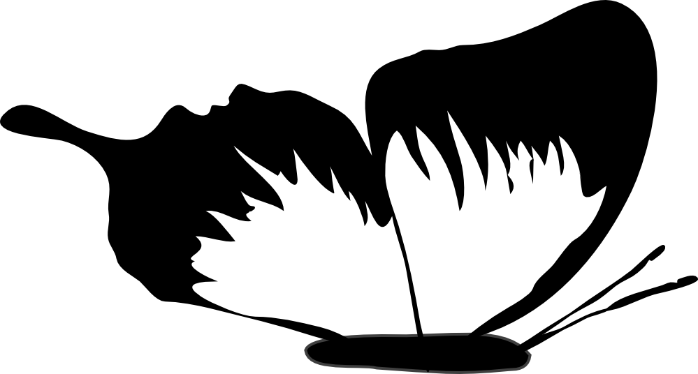 Black and white silhouette of a stylized butterfly with jagged wing edges and abstract form.