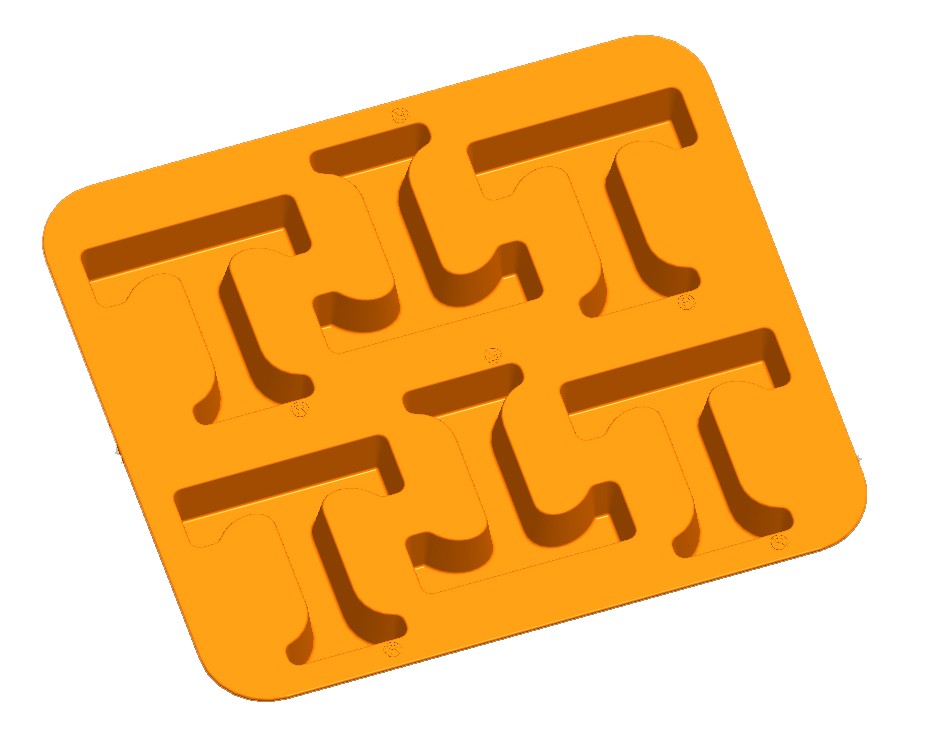 Bright orange silicone ice cube tray with Hebrew letter-shaped molds for custom frozen treats.
