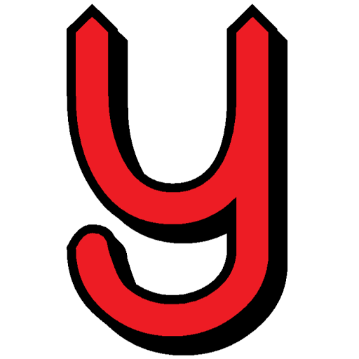 Bold red lowercase letter 'y' with thick black outline, stylized for logo or branding use.