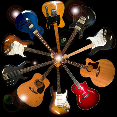 Nine diverse guitars-electric, acoustic, bass-radiating from a glowing center against a dark background.