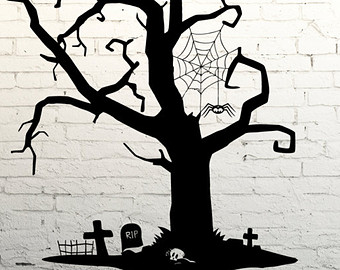 Spooky black silhouette of a gnarled tree with spiderweb, spider, and graveyard on white brick wall.