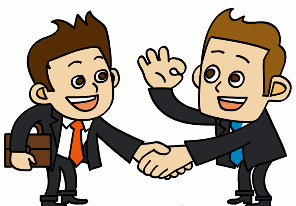 Two smiling businessmen in suits shaking hands, one holding a briefcase and the other making an OK gesture.