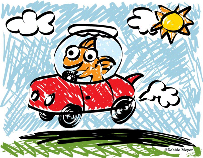 A cartoon goldfish driving a red car with a fishbowl helmet, under a sunny sky with clouds.