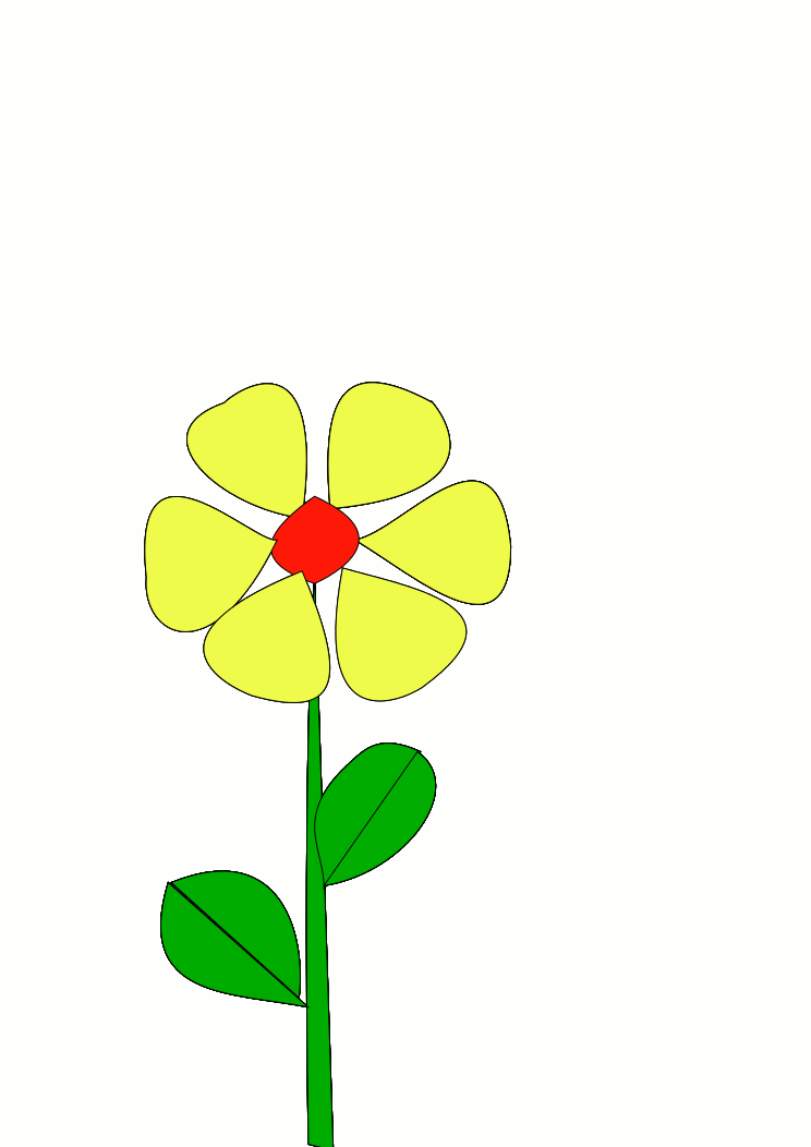 Simple yellow flower with red center and green stem and leaves on white background