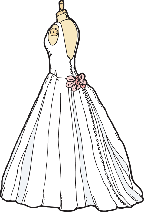 White A-line wedding dress with open back, pink floral belt, and beaded chain detail on mannequin.