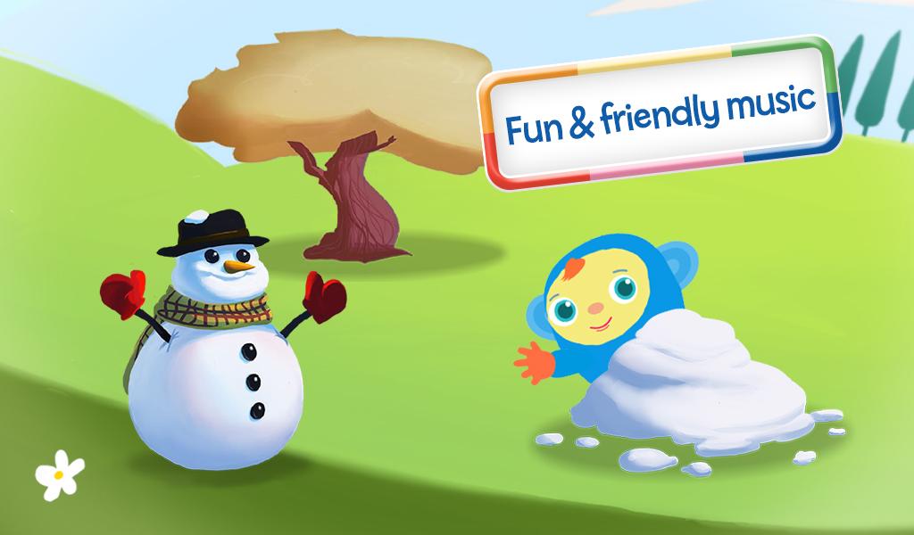 A cheerful snowman in a hat and scarf waves beside a smiling blue cartoon character playing with snow, under a "Fun & friendly music" banner.
