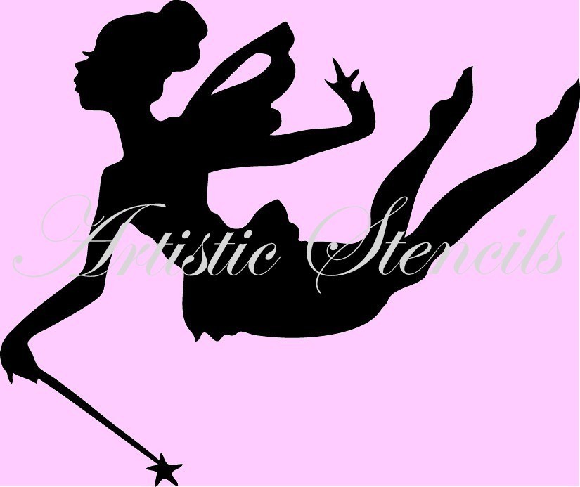 Black silhouette of a fairy with wings, wand, and flowing dress against pink background, labeled "Artistic Stencils".