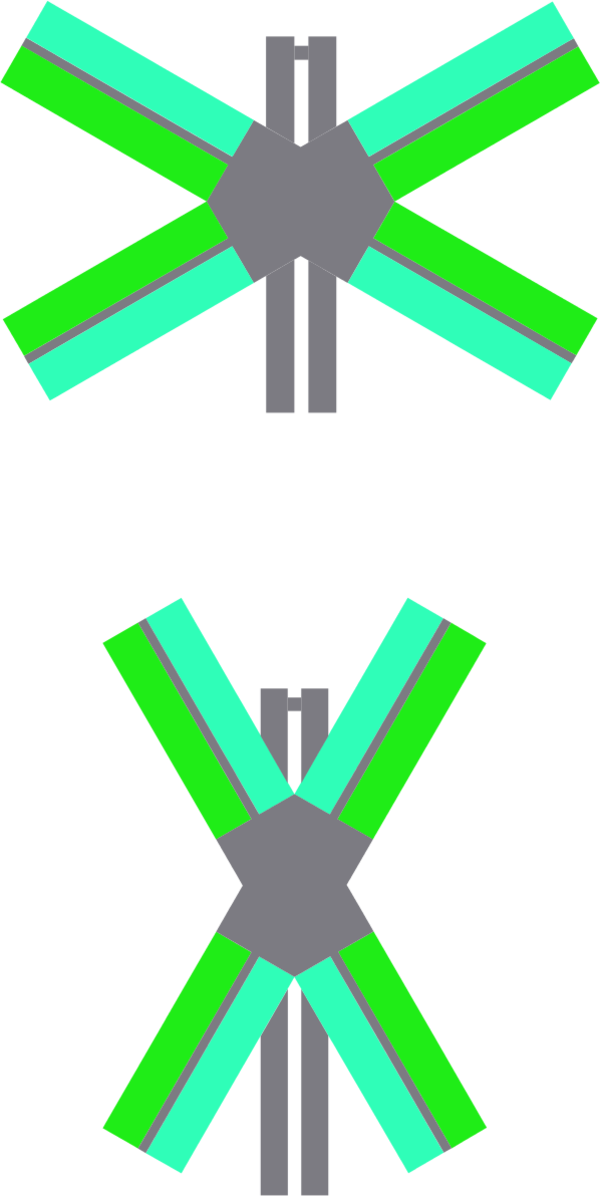 Two variations of a symmetrical green and cyan X-shaped road intersection diagram with gray central hub and lanes.