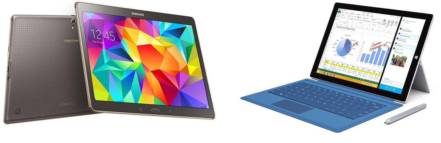 Samsung Galaxy Tab S and Microsoft Surface Pro side-by-side, showcasing tablet design and productivity use cases.