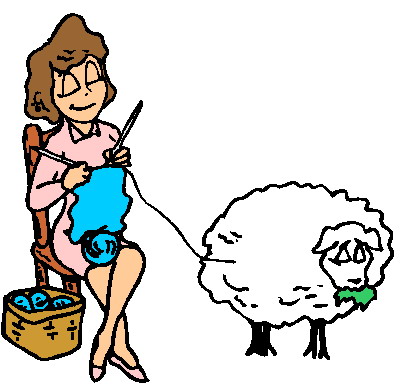 A woman knitting with blue yarn while a fluffy sheep stands beside her, holding a green leaf in its mouth.