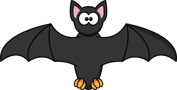 Cute cartoon bat with wide eyes, pink ears, and outstretched wings flying against a white background.