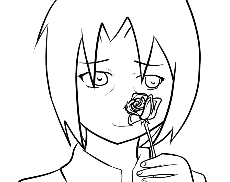 Anime-style girl with short hair holding a rose to her lips in black-and-white line art.