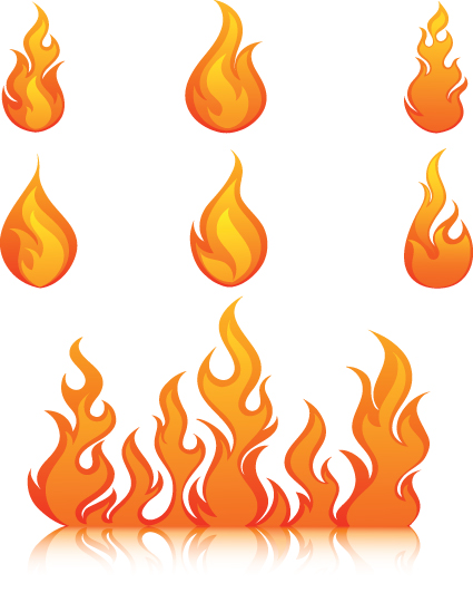 Collection of stylized orange and yellow flame icons in various shapes and sizes, with a reflective base.