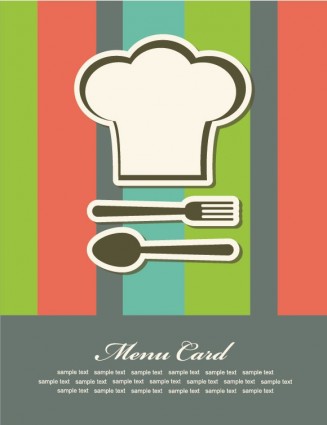 Chef’s hat, fork, and spoon icon on colorful striped background with "Menu Card" text.