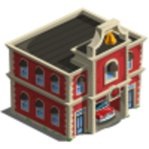 Isometric pixel-art red brick fire station with bell tower and parked fire truck.