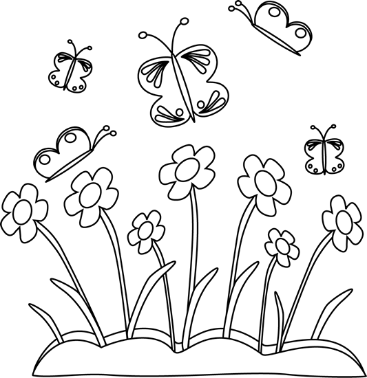 Black and White Spring Flowers and Butterflies Clip Art - Black 