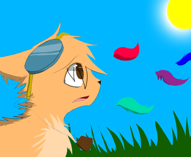 A cartoon fox with a monocle gazes upward as colorful feather-like shapes float in a bright blue sky under the sun.