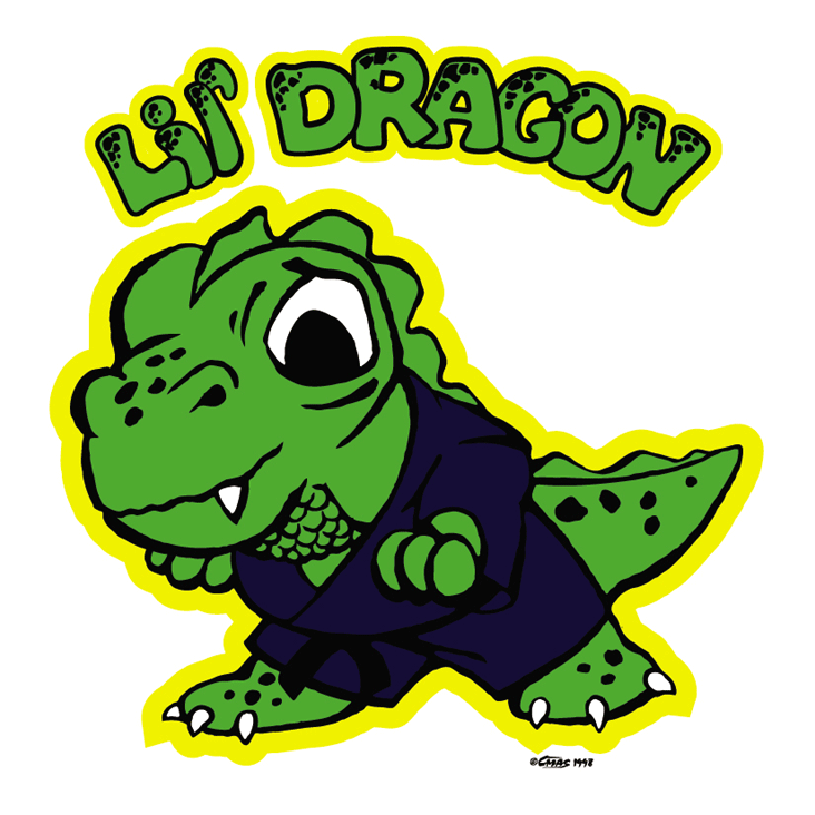 Cute green cartoon dragon in a martial arts gi, labeled "Lil Dragon" with bold yellow outline.