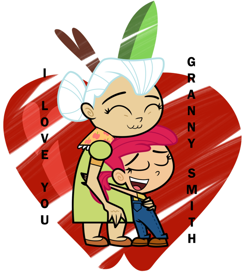 A joyful cartoon grandmother and granddaughter hugging inside a red heart with "I LOVE YOU" and "BANNY SMITH" text.