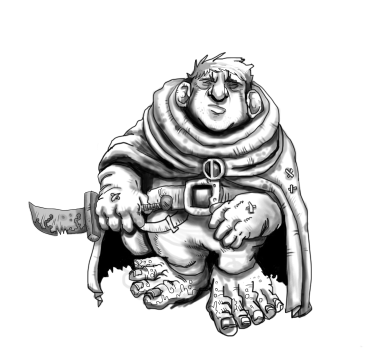 Grumpy, heavyset fantasy dwarf crouching with a worn sword and tattered cloak, ink-drawn in monochrome style.