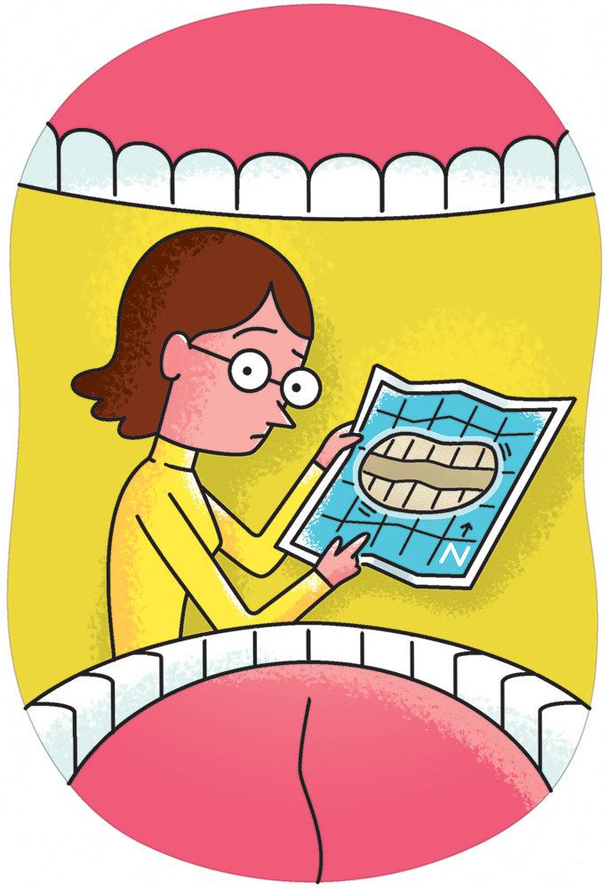 A woman with glasses examines a dental map inside a giant open mouth, illustrating oral navigation or dental care planning.