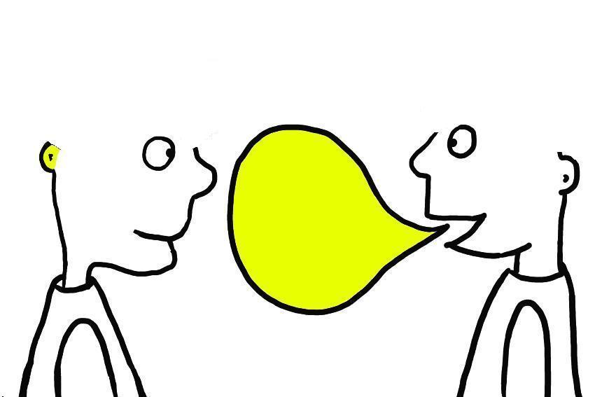 Two stick-figure people facing each other with a bright yellow speech bubble between them, symbolizing communication or dialogue.
