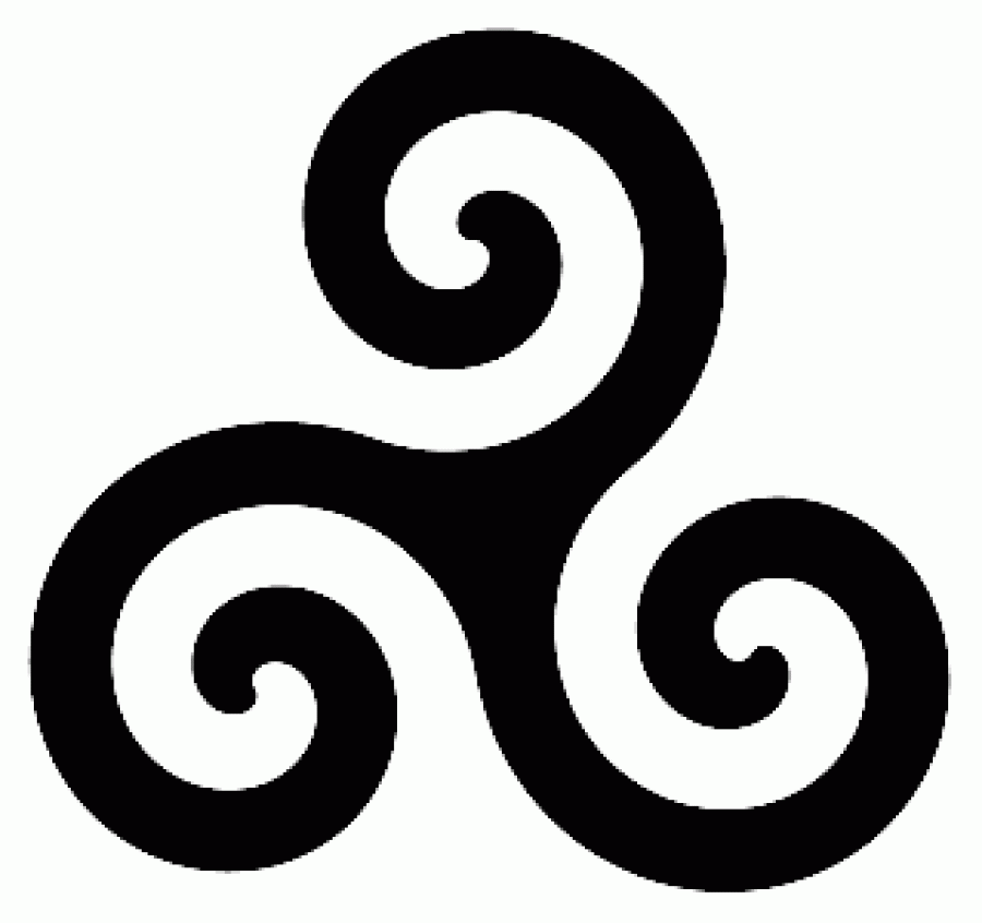 Black triskelion symbol with three interlocking spirals on white background, representing motion, progress, and cyclical renewal.