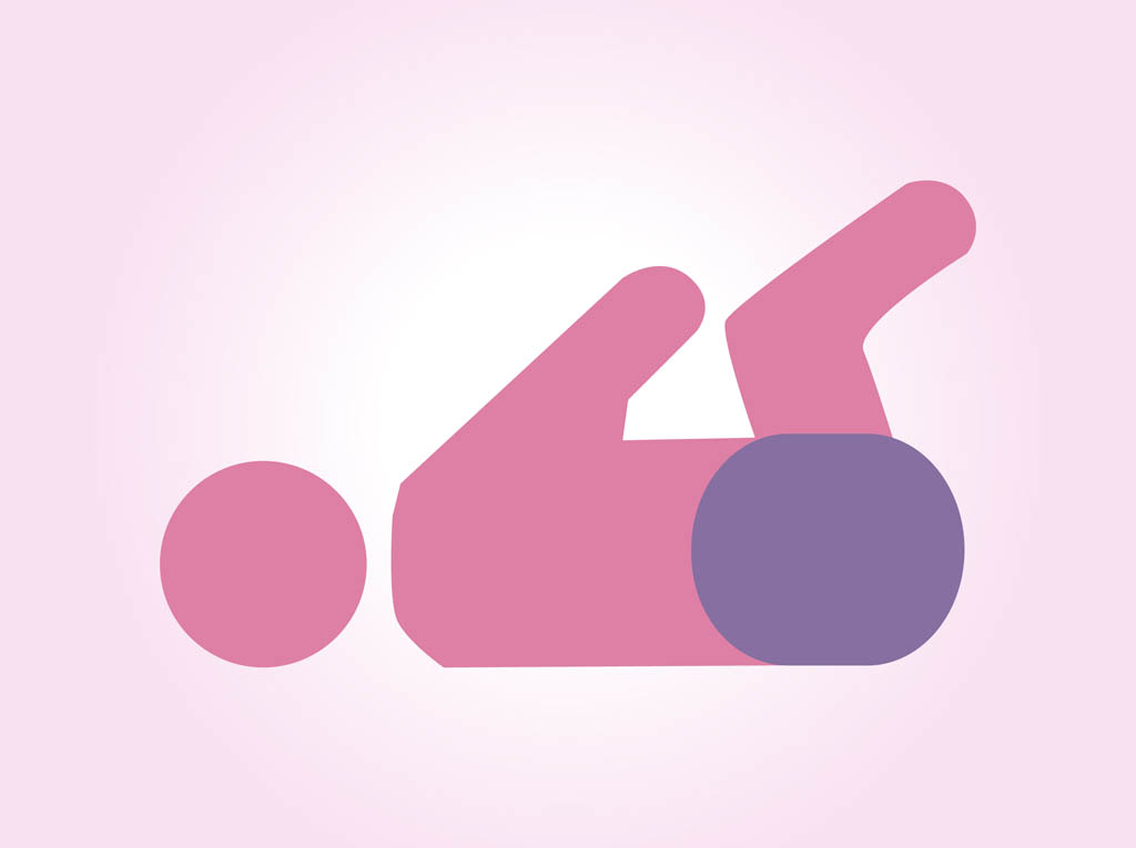 Stylized pink figure lying on back with bent knees and raised legs, purple circle near hips, soft gradient background.