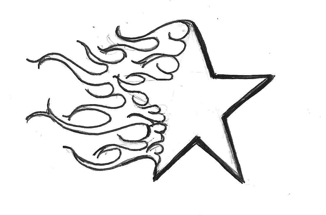 Hand-drawn black-and-white star with dynamic flame-like swirls trailing from its left side, evoking motion and energy.
